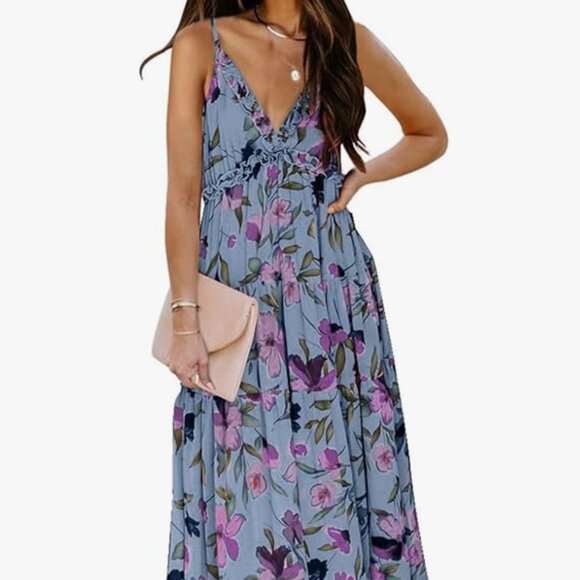 Women's Casual Boho Floral Printed Deep V Neck Long Evening Dress NWOT - Picture 1 of 5